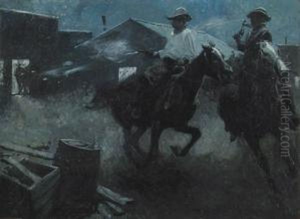 Story Illustration: Two Cowboys On Horseback Shooting Their Way Out Of Town. by Harvey T. Dunn