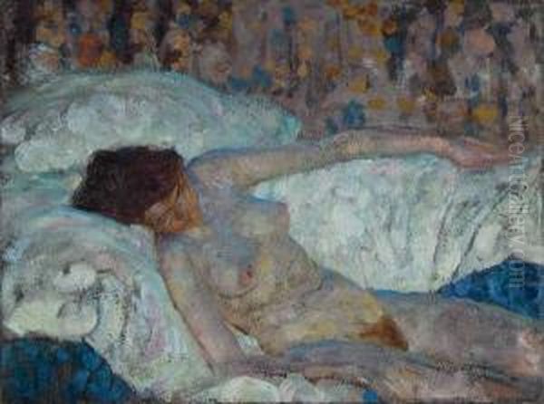 Painting: Reclining Nude Looking Down, Floral Curtain. by Harvey T. Dunn