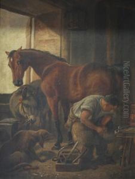 A Horse And Farrier Oil Painting by Albert Dunnington