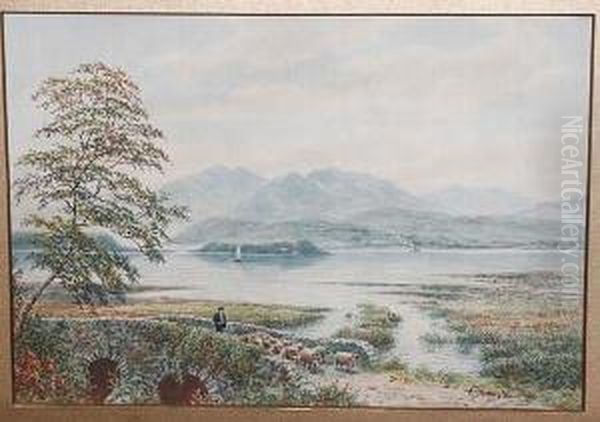 Lake Windermere With Sheep And A Figure Oil Painting by Albert Dunnington