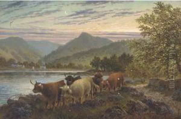 Cattle On The Waters Edge At Brodick, Arran Oil Painting by Albert Dunnington