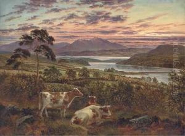 A Red Sky At Night - Loch Fadh Near Rothesay, With Arran In Thedistance Oil Painting by Albert Dunnington