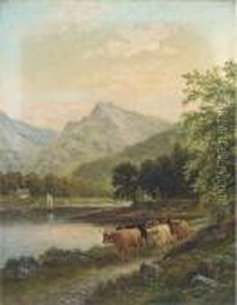 Highland Cattle By A River Oil Painting by Albert Dunnington