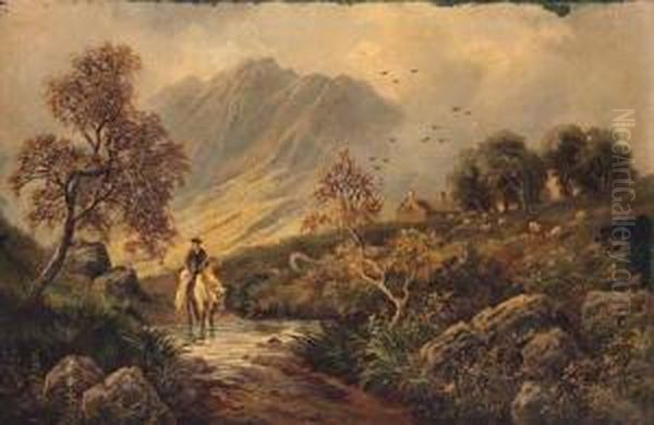 A Scotsman Returning Home In A Highland Landscape Oil Painting by Albert Dunnington