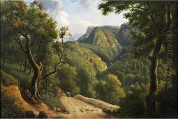 Paysage Neoclassique Avec Une Jeune Femme Courant Sur Unchemin Oil Painting by Alexandre-Hyacinthe Dunouy