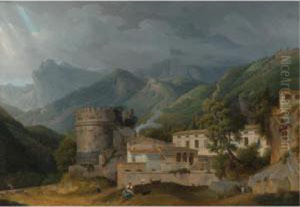 Italian Landscape With A Village At The A Foot Of Mountain Range Oil Painting by Alexandre-Hyacinthe Dunouy