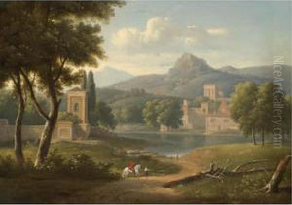 A Classical River Landscape With Travellers On A Path In The Foreground Oil Painting by Alexandre-Hyacinthe Dunouy