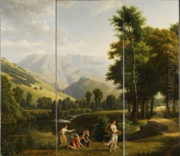 Paisaje Italiano Con Jovenes Recogiendo Flores Cerca De Un Rio Oil Painting by Alexandre-Hyacinthe Dunouy