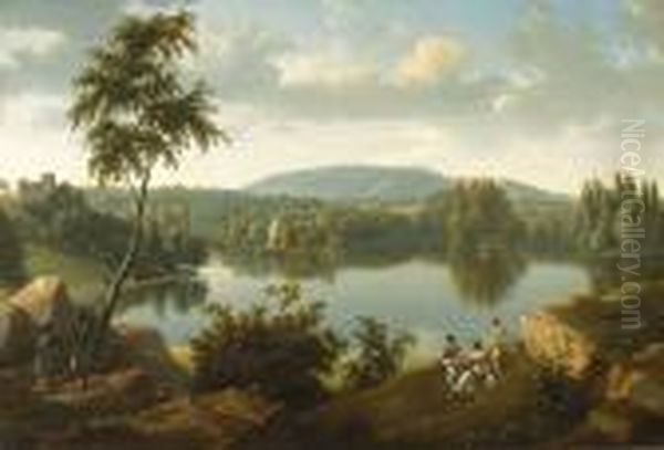 An Extensive Landscape With Figures Greeting Hunters Along The Banks Of A River Oil Painting by Alexandre-Hyacinthe Dunouy