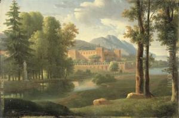 An Italianate Landscape With A Walled Palace Oil Painting by Alexandre-Hyacinthe Dunouy