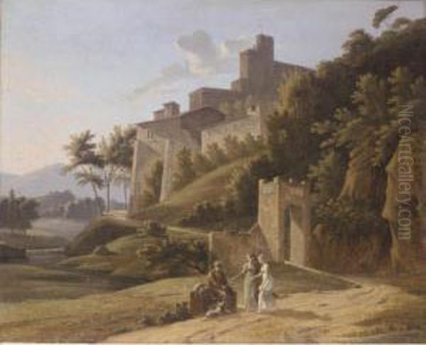 An Italianate Landscape With Two Young Ladies Giving Alms To An Old Man Oil Painting by Alexandre-Hyacinthe Dunouy