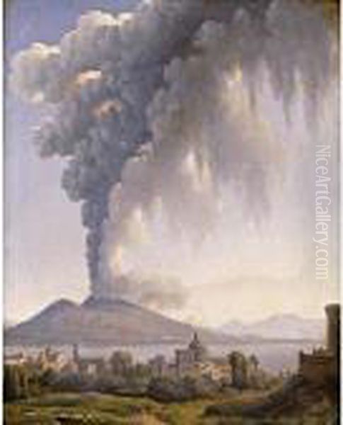 Bay Of Naples With Vesuvius Erupting Beyond Oil Painting by Alexandre-Hyacinthe Dunouy