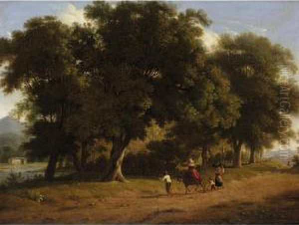 An Italianate Landscape With Figures And Their Donkey On A Road Before A Copse Oil Painting by Alexandre-Hyacinthe Dunouy