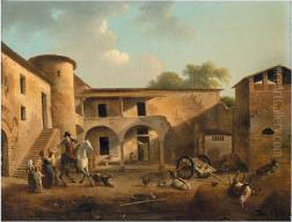 A Courtyard With A Horseman Departing From His Family Oil Painting by Alexandre-Hyacinthe Dunouy