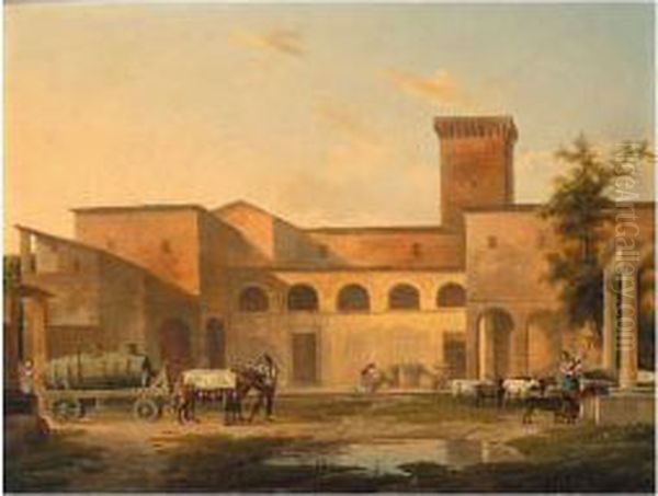 The Courtyard Of A Monastery 
With A Woman Drawing Water From A Well And A Barrel Loaded On A Wagon 
Drawn By Oxen Oil Painting by Alexandre-Hyacinthe Dunouy