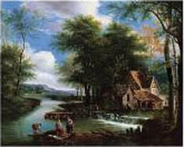 River Landscape With A Mill Oil Painting by Alexandre-Hyacinthe Dunouy