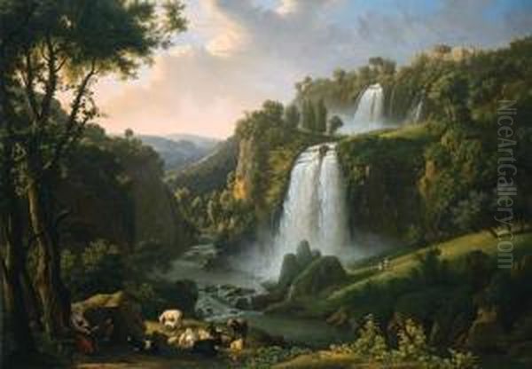 The Cascades At Tivoli With The Temple Of Sibyl And A Shepherdessin The Foreground Oil Painting by Alexandre-Hyacinthe Dunouy