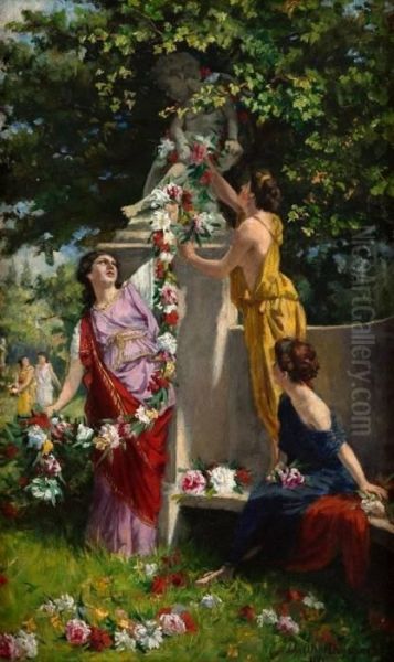 Classical Maiden With Garlands Oil Painting by John Ward Dunsmore