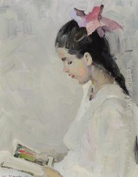 Portrait Of Vivian E. Dunton With Book Oil Painting by W. Herbert Dunton