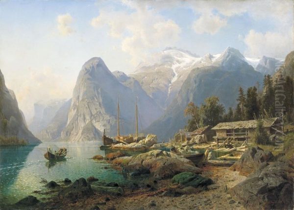 Fjordlandschaft Oil Painting by Johannes-Bertholomaus Dutntze