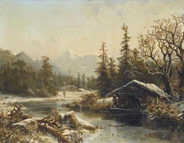 Winterlandschaft Mit Bach Und Alpensicht Oil Painting by Johannes-Bertholomaus Dutntze