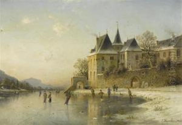 Winter Landscape With Frozen Lake. Oil Painting by Johannes-Bertholomaus Dutntze