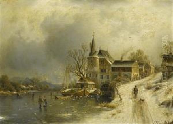 Winter Landscape With Skaters On A Frozen Lake. Oil Painting by Johannes-Bertholomaus Dutntze