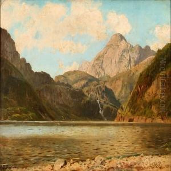 Norwegian Fiordscene With Mountains Oil Painting by Johannes-Bertholomaus Dutntze