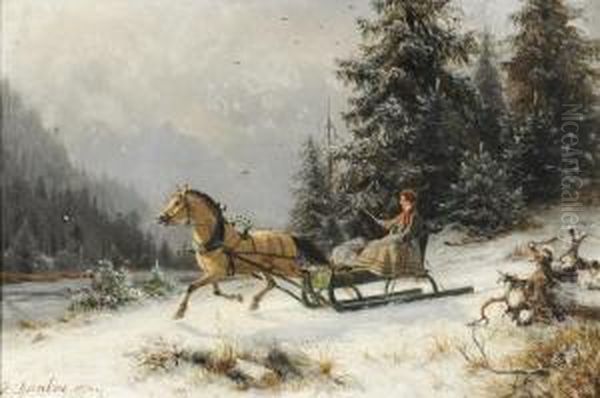 Figure In A Horse Drawn Sleigh Oil Painting by Johannes-Bertholomaus Dutntze