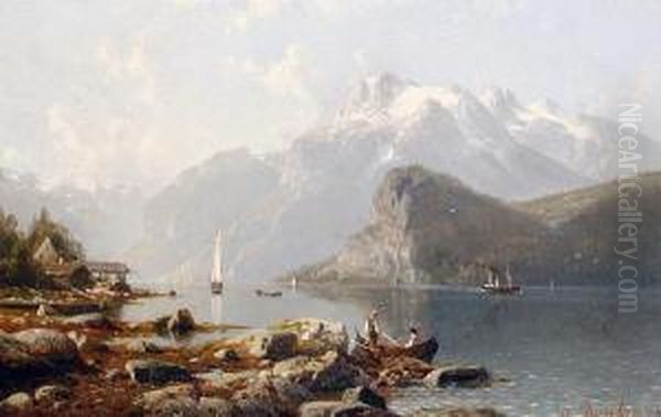 An Alpine Lake Scene, Probably Lake Hallstatter, Dachstein Oil Painting by Johannes-Bertholomaus Dutntze