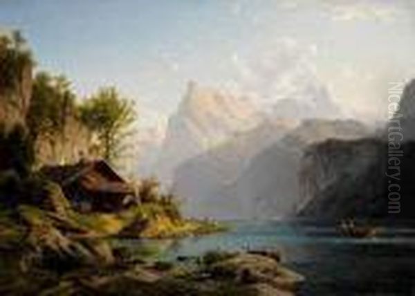 Vue De L'urirothstock Prise De Brunnen Oil Painting by Johannes-Bertholomaus Dutntze