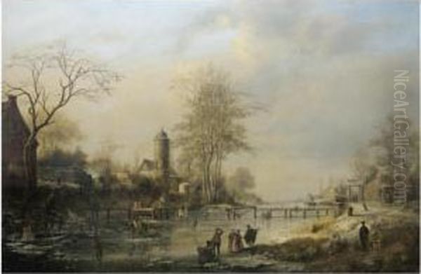 Figures On A Winter Landscape Oil Painting by Johannes-Bertholomaus Dutntze