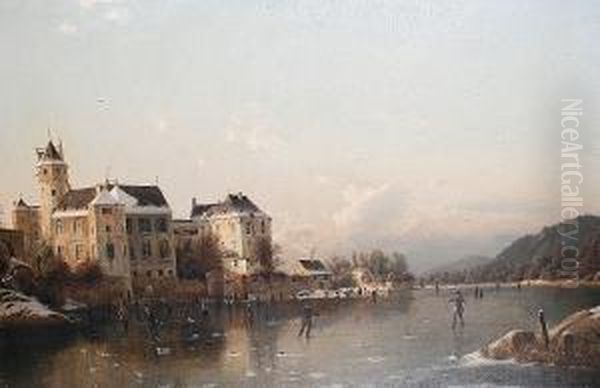 Figures Skating On A Frozen River Oil Painting by Johannes-Bertholomaus Dutntze