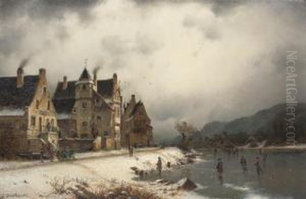 Skaters On A Winter Waterway Oil Painting by Johannes-Bertholomaus Dutntze