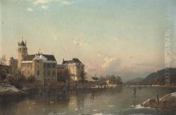 Skaters Before A Schloss Oil Painting by Johannes-Bertholomaus Dutntze