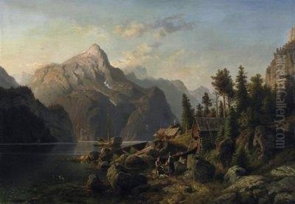 Summer In The Fjord. Fishermen 
In Front Of Their Wooden Cottages By The Water. Signed And Dated Lower 
Left: J. Duntze 1867 Oil Painting by Johannes-Bertholomaus Dutntze