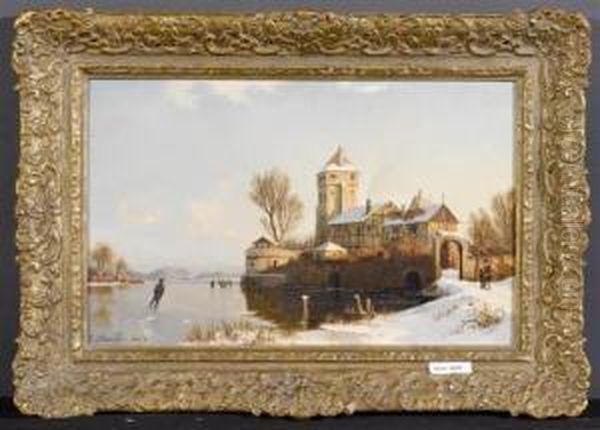 Winterlandschaft Mit Gefrorenem See Und Schlittschuhlaufer. 1873. Oil Painting by Johannes-Bertholomaus Dutntze