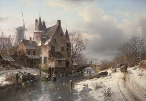 Skaters At A Dutch Hamlet Oil Painting by Johannes-Bertholomaus Dutntze