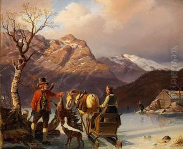 Norwegian Landscape With People On A Frozen Lake Oil Painting by Johannes-Bertholomaus Dutntze