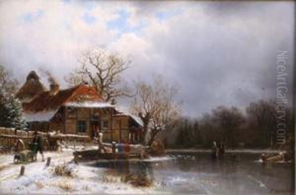 German Oil On Wooden Panel 
Winter Landscape With Cottage And Figures On The Ice Signed And Dated 
1876 10 X 15in Oil Painting by Johannes-Bertholomaus Dutntze