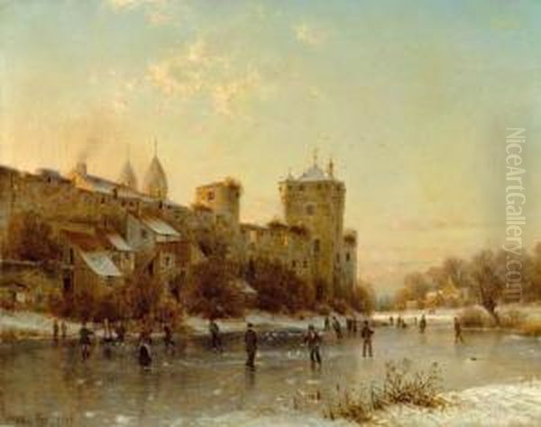 Motiv Aus Andernach Am Rhein - Winternachmittag. 1889. Oil Painting by Johannes-Bertholomaus Dutntze