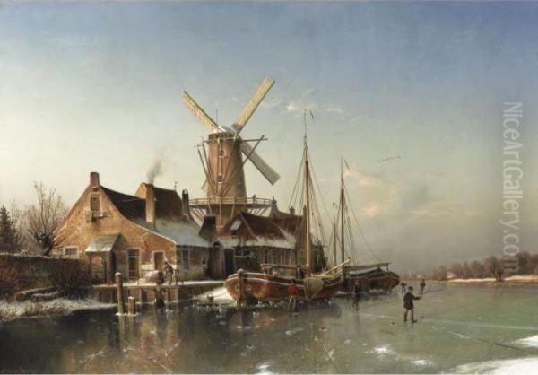 A Winter Landscape With A Mill On A Frozen River Oil Painting by Johannes-Bertholomaus Dutntze