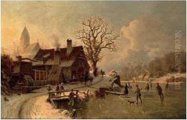 Figures Skating On A Frozen Lake Oil Painting by Johannes-Bertholomaus Dutntze