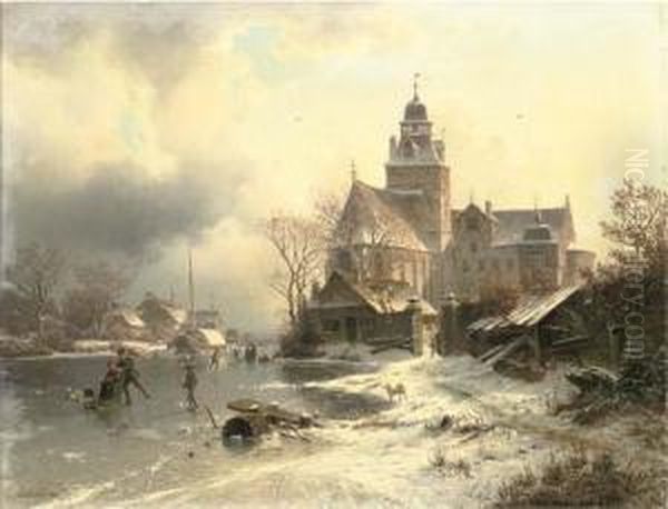 Skaters In A Frozen Winter Landscape Oil Painting by Johannes-Bertholomaus Dutntze