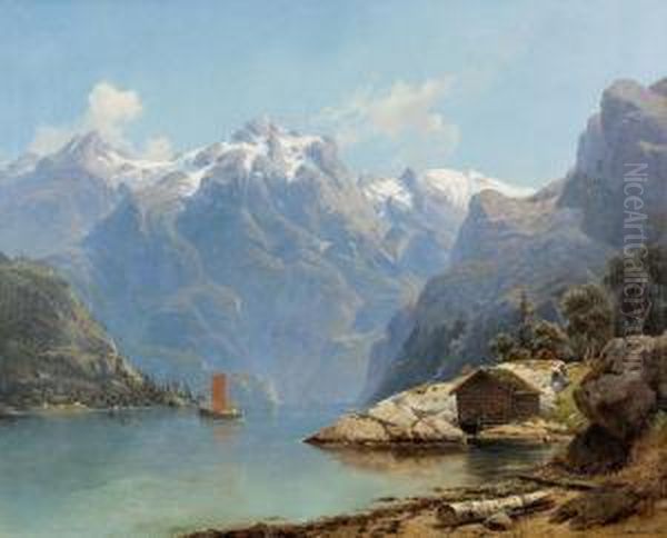 Landschaft Am Vierwaldstattersee. Oil Painting by Johannes-Bertholomaus Dutntze