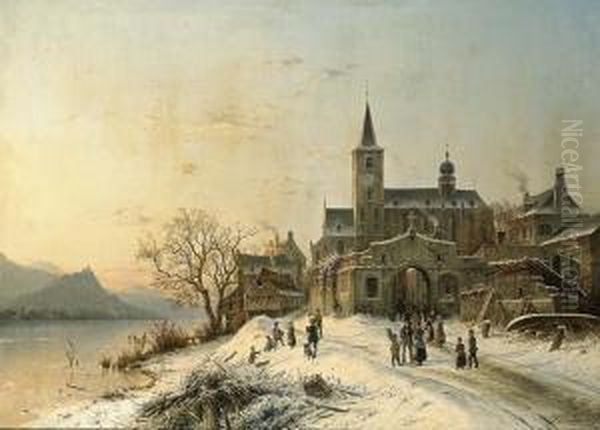 Winter Landscape Near Lorch Am 
Rhein With A View Of The Schonburg Ruin Oil Painting by Johannes-Bertholomaus Dutntze