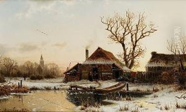 A Winter Twilight Oil Painting by Johannes-Bertholomaus Dutntze