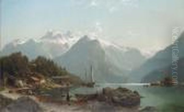 A Norwegian Fjord Landscape Oil Painting by Johannes-Bertholomaus Dutntze