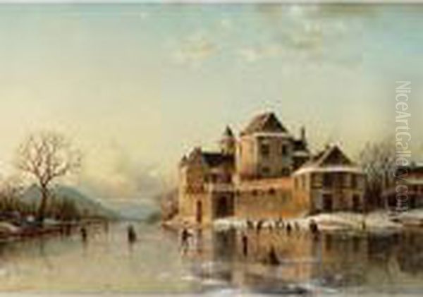 A Village On The Rhine In Winter Oil Painting by Johannes-Bertholomaus Dutntze