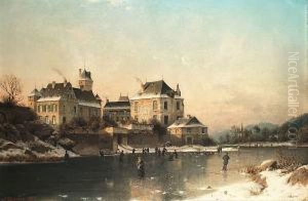 Skating On A Frozen River Oil Painting by Johannes-Bertholomaus Dutntze